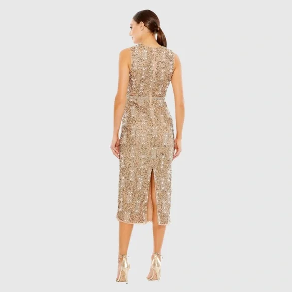MAC DUGGALBeige Embellished High Neck Sleeveless A Line Dress
